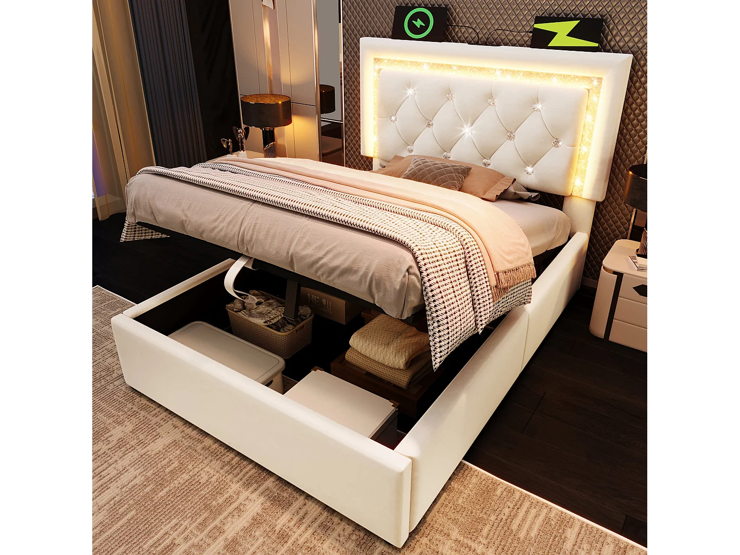 Lit double capitonné 180x200 cm, velours beige, avec LED diamant, ports USB et Type-C, rangement hydraulique, sans matelas