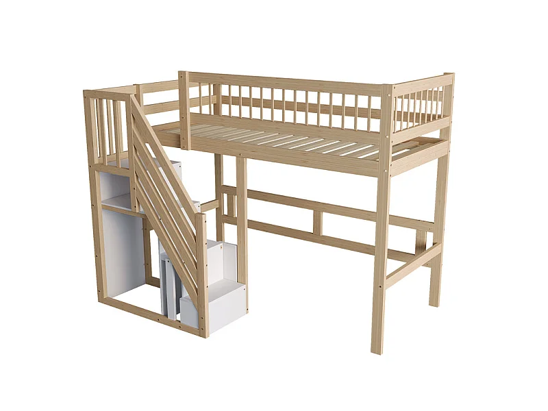 Literas 90x200cm - con escalera - Pino+Contrachapado+MDF - Natural+Blanco