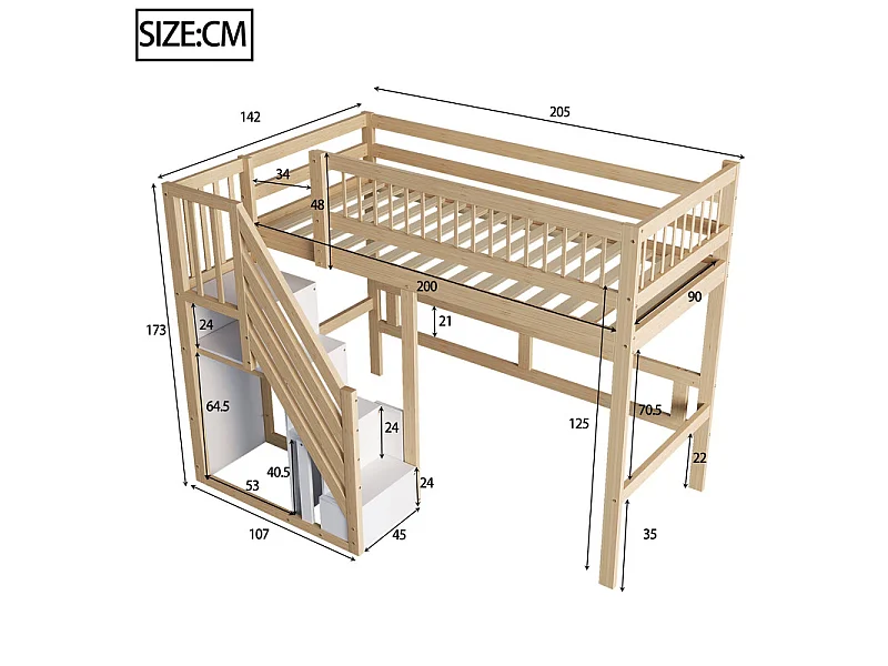 Literas 90x200cm - con escalera - Pino+Contrachapado+MDF - Natural+Blanco