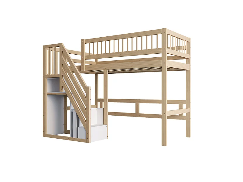 Literas 90x200cm - con escalera - Pino+Contrachapado+MDF - Natural+Blanco