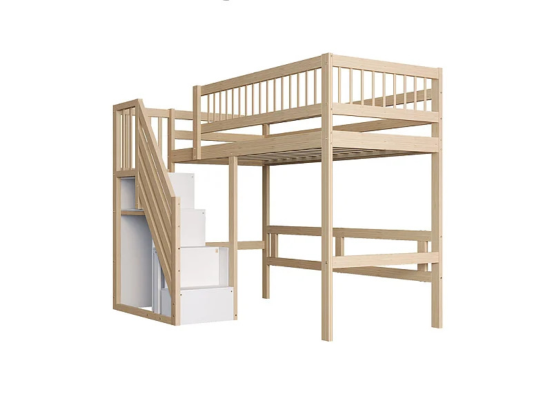 Literas 90x200cm - con escalera - Pino+Contrachapado+MDF - Natural+Blanco