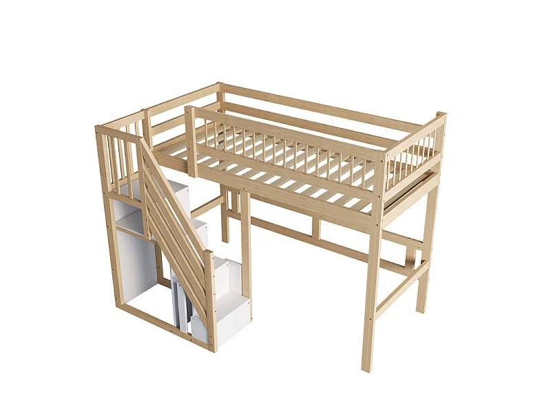 Literas 90x200cm - con escalera - Pino+Contrachapado+MDF - Natural+Blanco