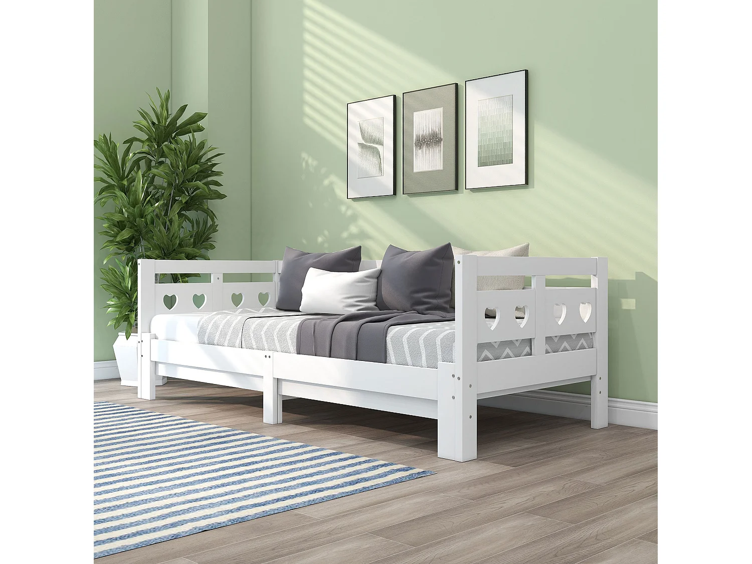 Lit banquette extensible 90x200 cm, bois massif blanc, avec design cœur et 2e couchage, sans matelas