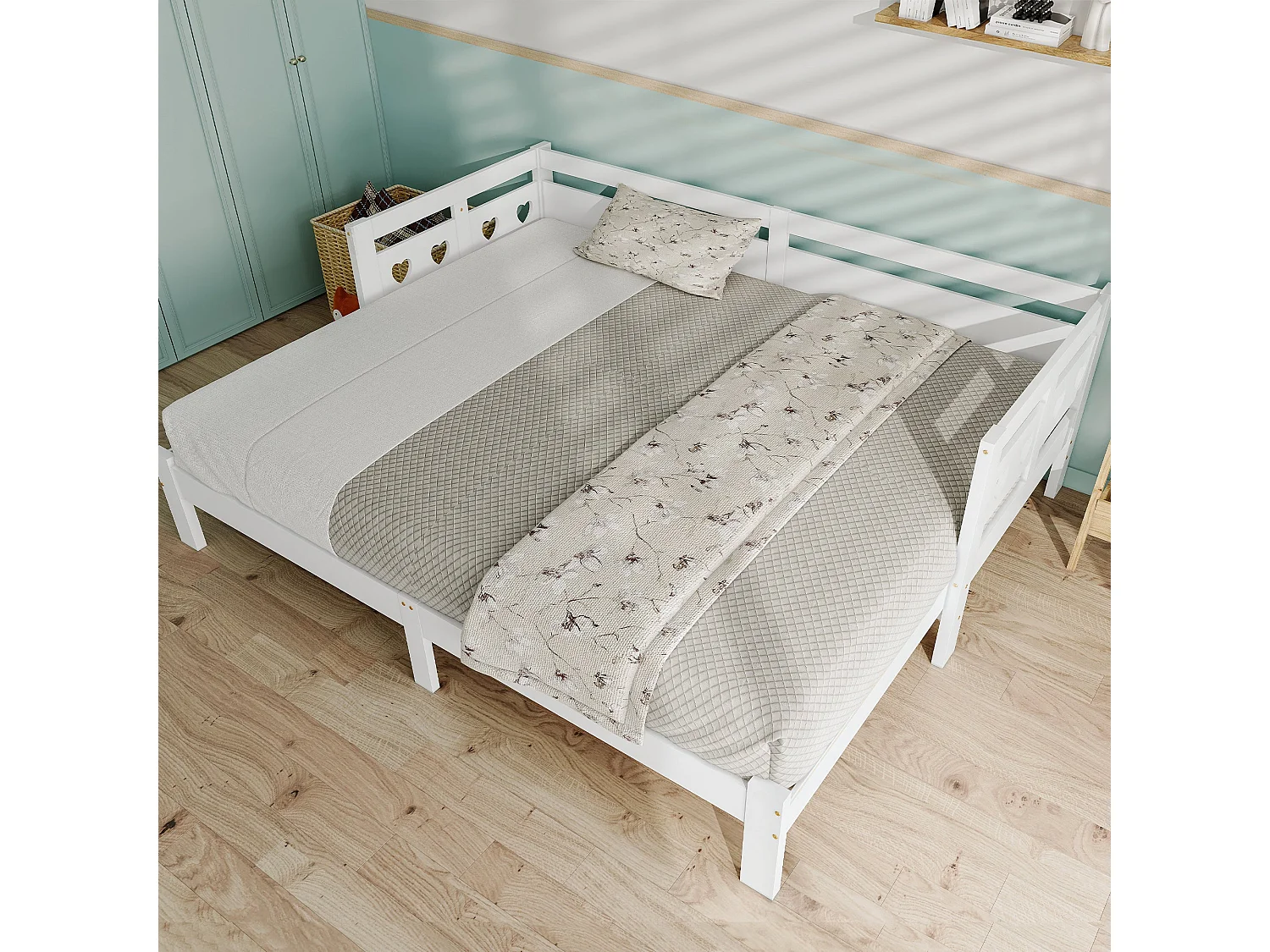 Lit banquette extensible 90x200 cm, bois massif blanc, avec design cœur et 2e couchage, sans matelas