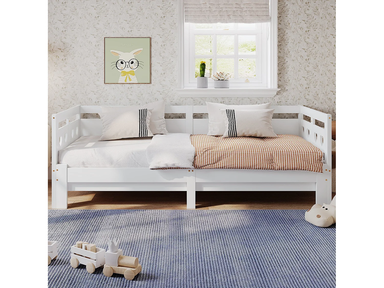 Lit banquette extensible 90x200 cm, bois massif blanc, avec design cœur et 2e couchage, sans matelas
