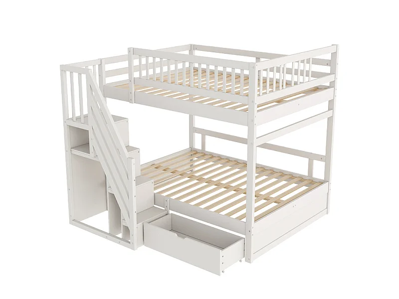 Lits superposés 2 x 140 x 200 cm - avec escalier et tiroir - Pin + Contreplaqué + MDF - Blanc