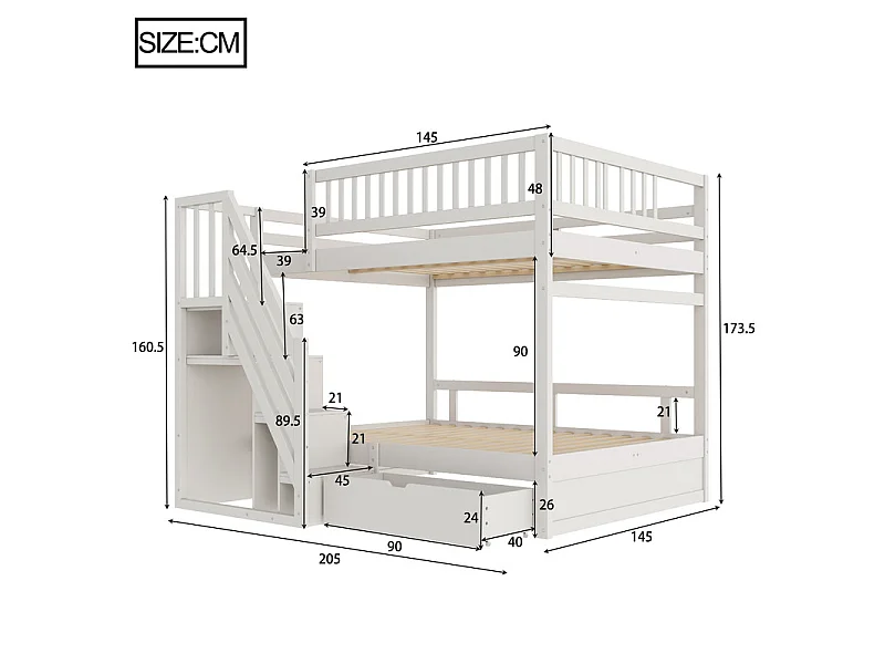 Lits superposés 2 x 140 x 200 cm - avec escalier et tiroir - Pin + Contreplaqué + MDF - Blanc
