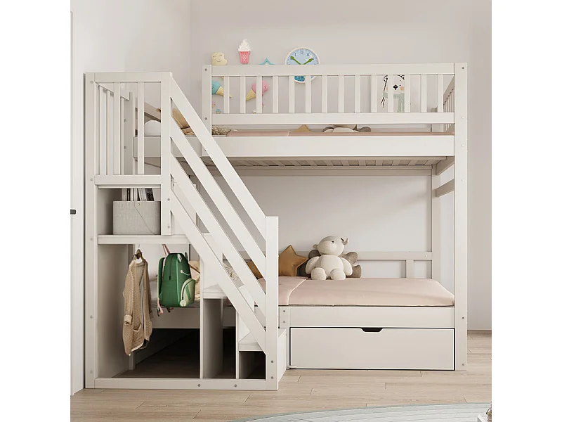 Lits superposés 2 x 140 x 200 cm - avec escalier et tiroir - Pin + Contreplaqué + MDF - Blanc