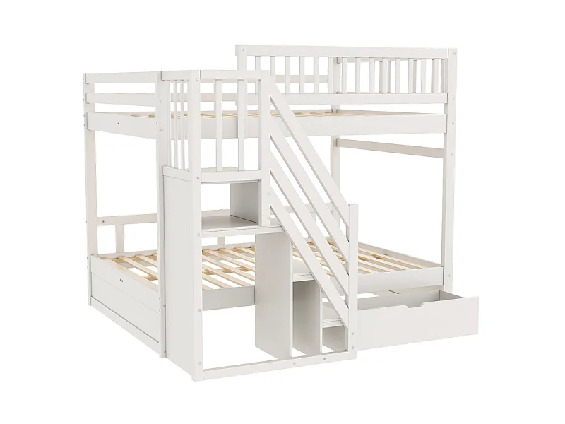 Lits superposés 2 x 140 x 200 cm - avec escalier et tiroir - Pin + Contreplaqué + MDF - Blanc