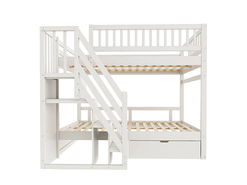 Lits superposés 2 x 140 x 200 cm - avec escalier et tiroir - Pin + Contreplaqué + MDF - Blanc