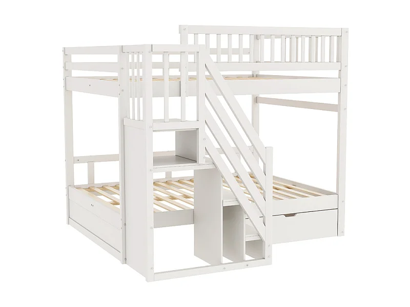 Lits superposés 2 x 140 x 200 cm - avec escalier et tiroir - Pin + Contreplaqué + MDF - Blanc
