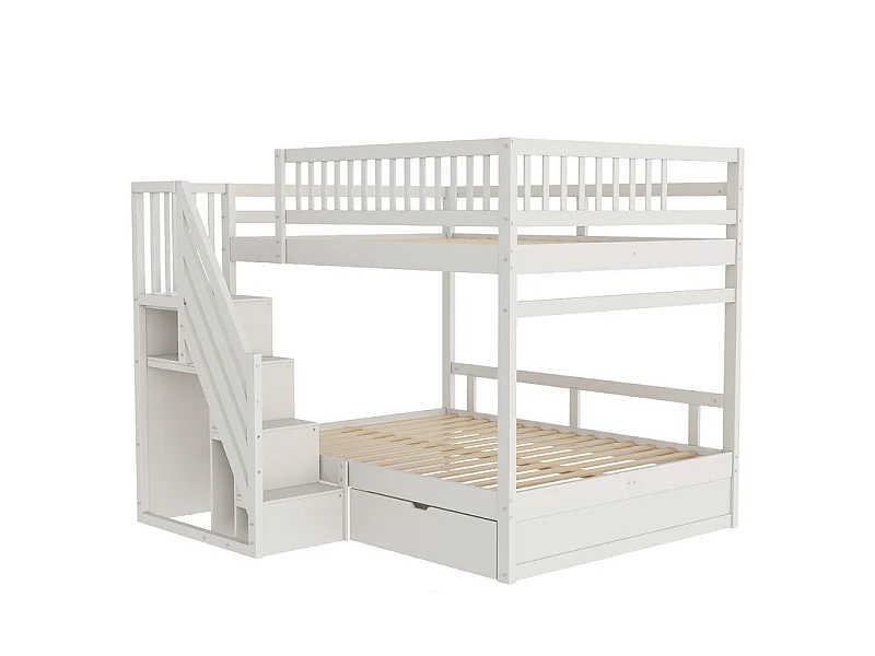 Lits superposés 2 x 140 x 200 cm - avec escalier et tiroir - Pin + Contreplaqué + MDF - Blanc