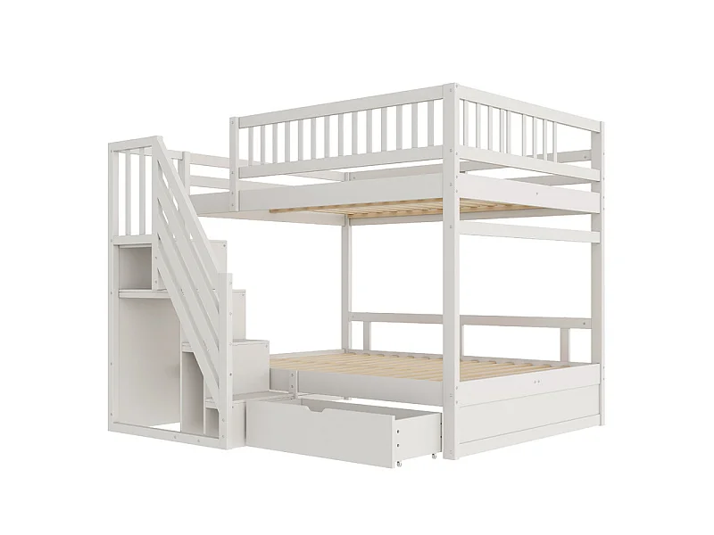 Lits superposés 2 x 140 x 200 cm - avec escalier et tiroir - Pin + Contreplaqué + MDF - Blanc