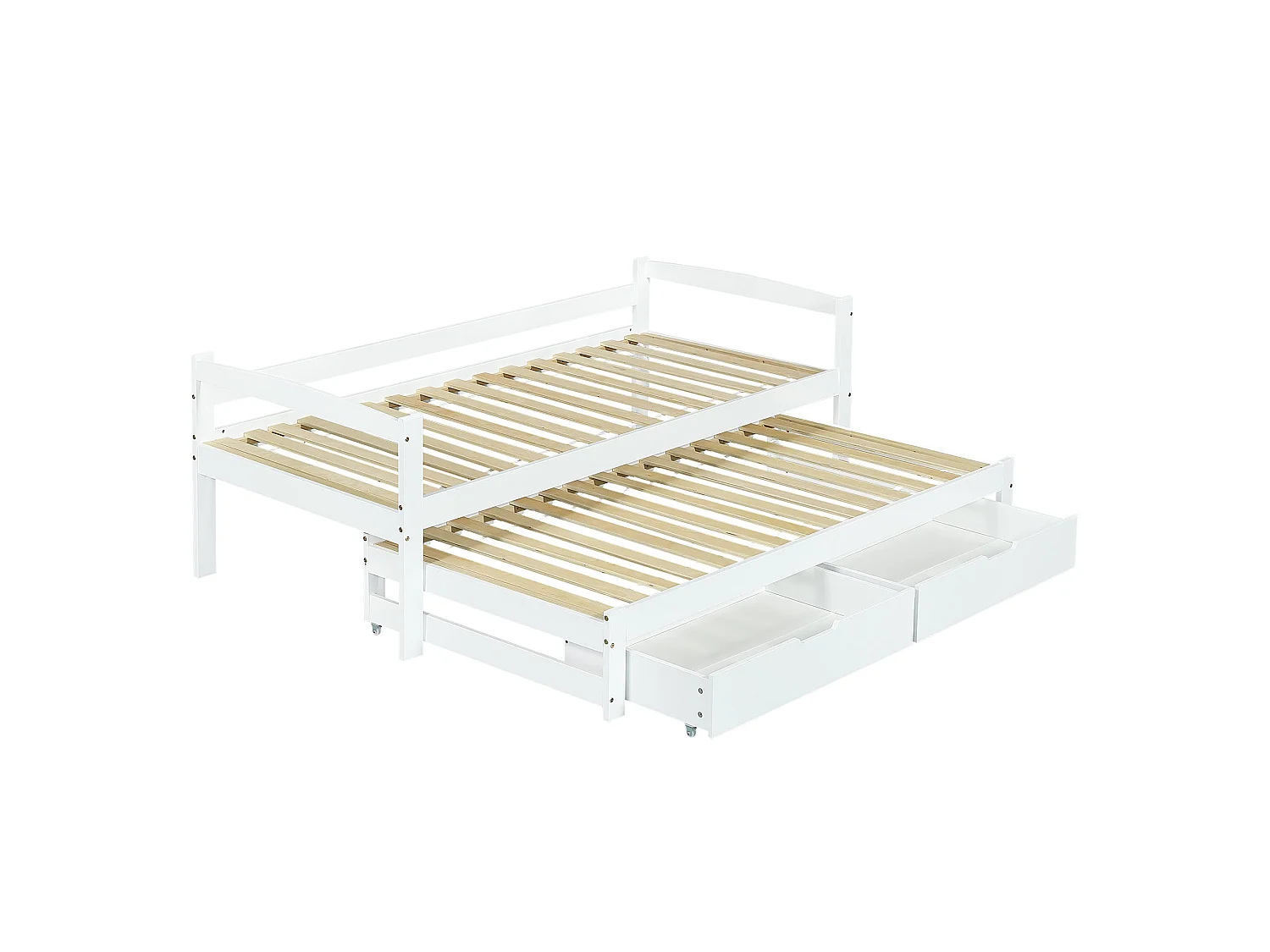 Lit gigogne 90x200 cm / 190x90 cm, bois massif blanc, avec 2 tiroirs, lit escamotable, sans matelas