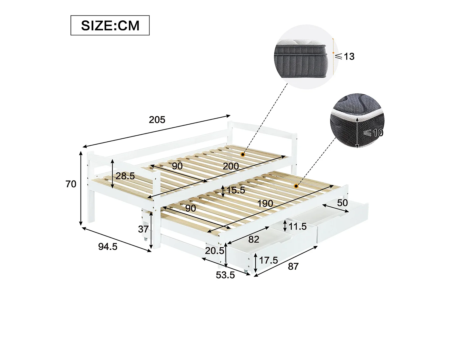 Lit gigogne 90x200 cm / 190x90 cm, bois massif blanc, avec 2 tiroirs, lit escamotable, sans matelas