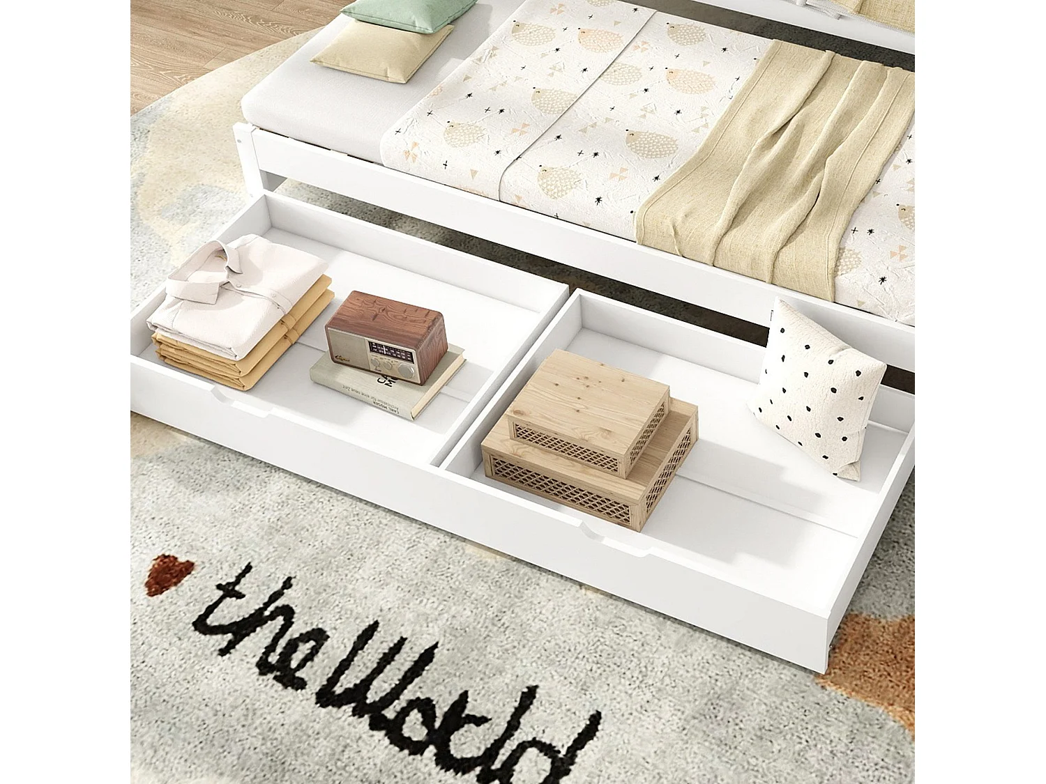 Lit gigogne 90x200 cm / 190x90 cm, bois massif blanc, avec 2 tiroirs, lit escamotable, sans matelas