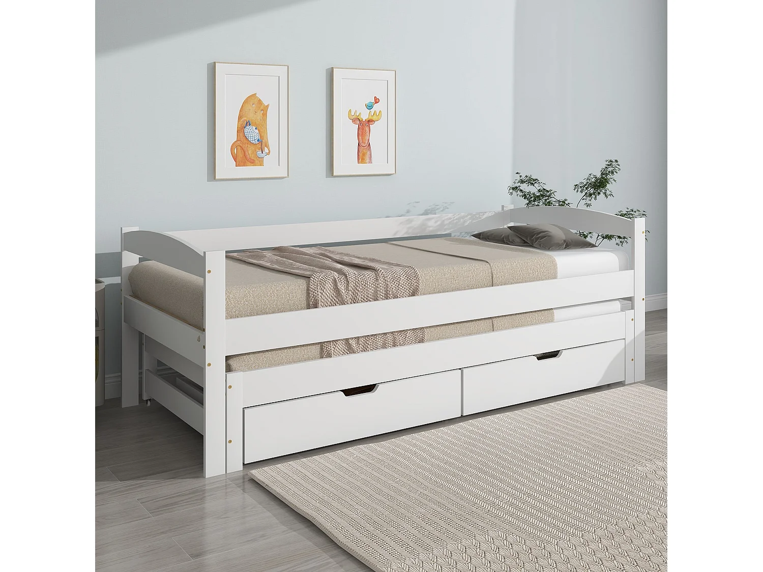 Lit gigogne 90x200 cm / 190x90 cm, bois massif blanc, avec 2 tiroirs, lit escamotable, sans matelas