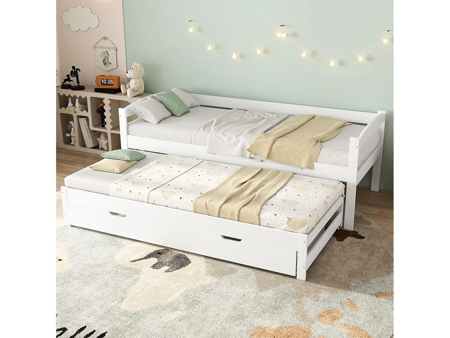 Lit gigogne 90x200 cm / 190x90 cm, bois massif blanc, avec 2 tiroirs, lit escamotable, sans matelas