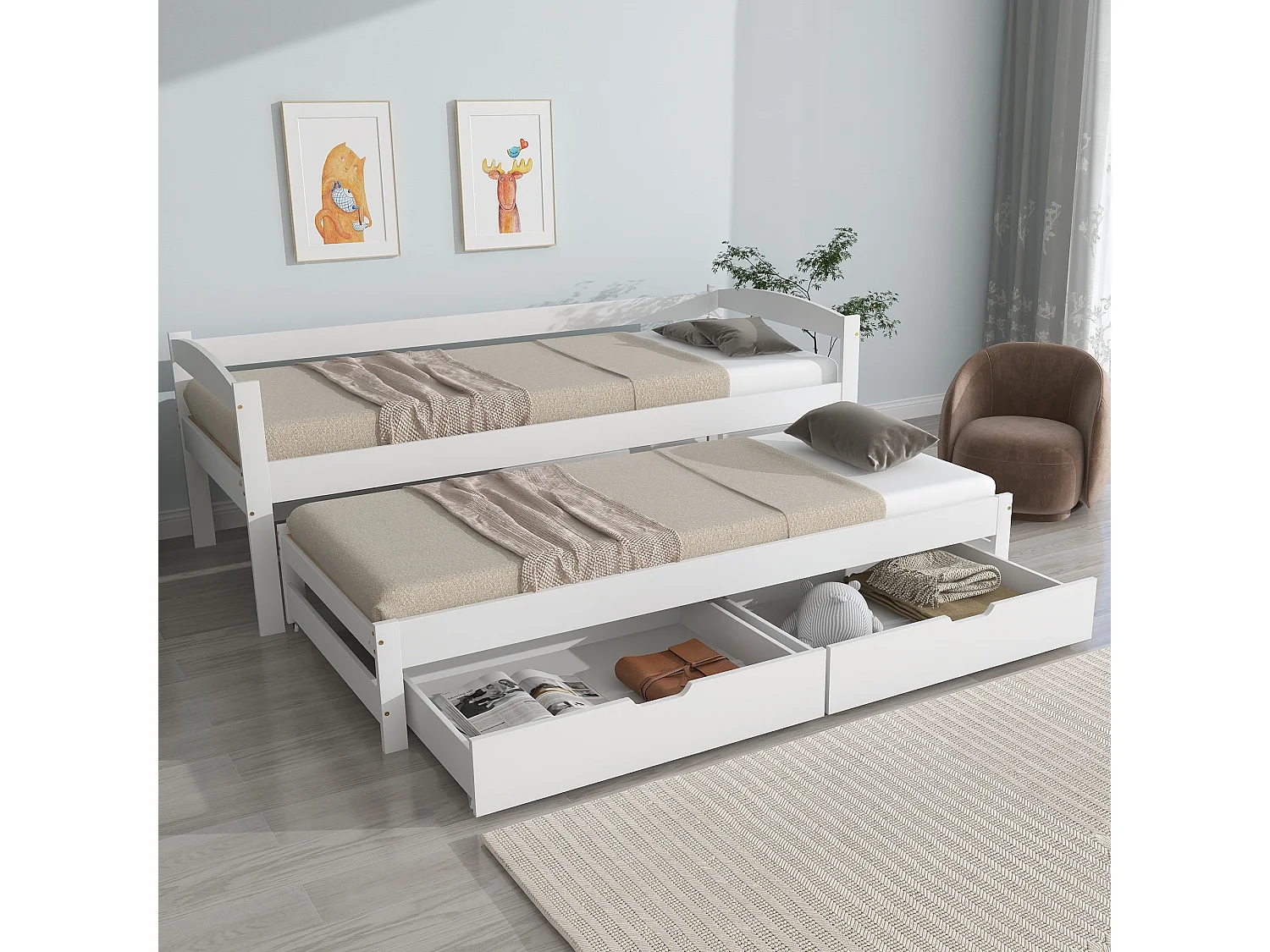 Lit gigogne 90x200 cm / 190x90 cm, bois massif blanc, avec 2 tiroirs, lit escamotable, sans matelas