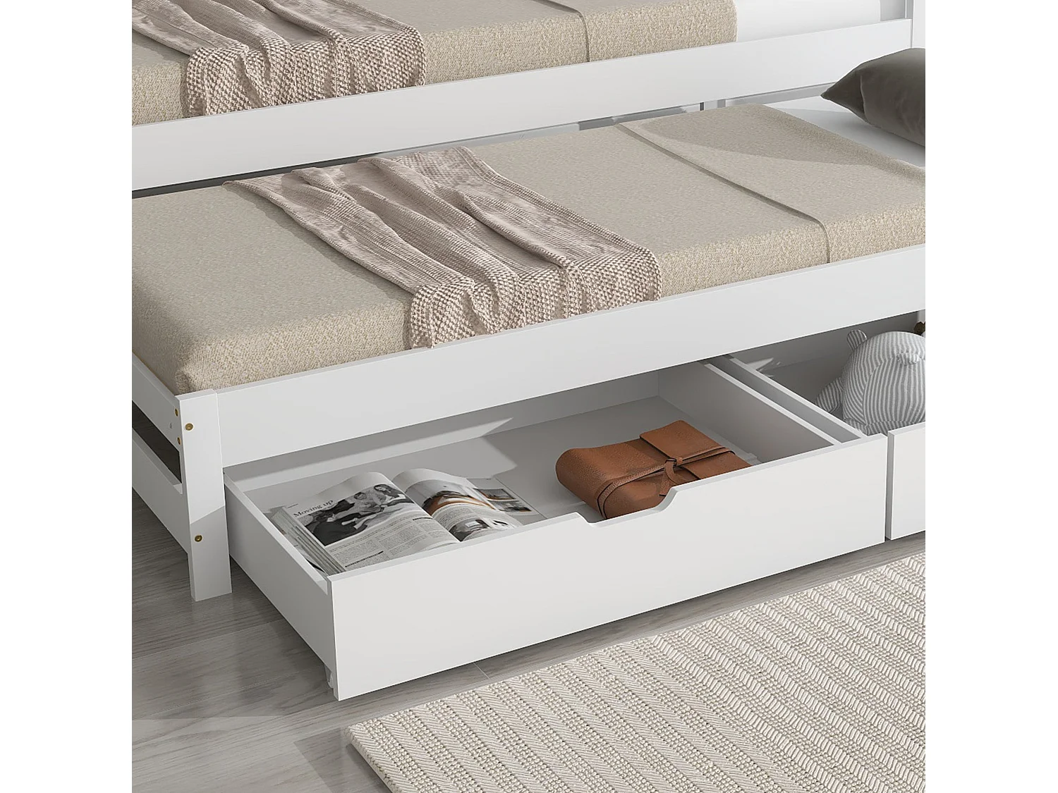 Lit gigogne 90x200 cm / 190x90 cm, bois massif blanc, avec 2 tiroirs, lit escamotable, sans matelas
