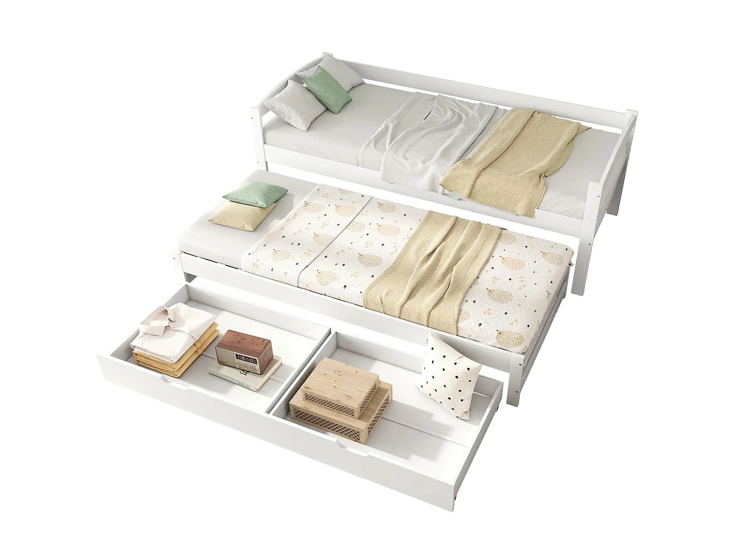 Lit gigogne 90x200 cm / 190x90 cm, bois massif blanc, avec 2 tiroirs, lit escamotable, sans matelas