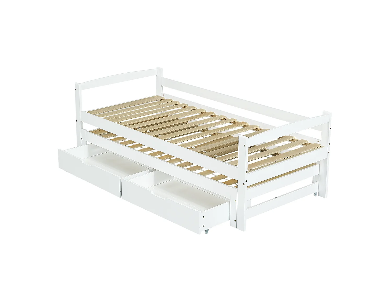 Lit gigogne 90x200 cm / 190x90 cm, bois massif blanc, avec 2 tiroirs, lit escamotable, sans matelas