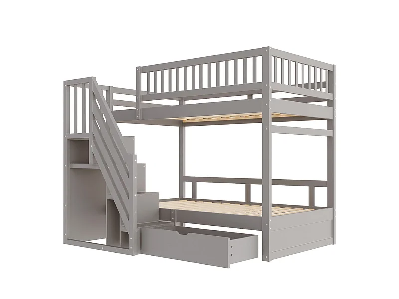 Literas 2x90x200cm - con escalera y cajón - Pino+Contrachapado+MDF - Gris