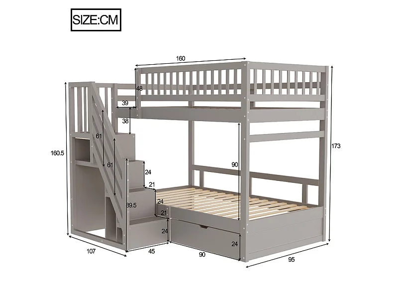 Literas 2x90x200cm - con escalera y cajón - Pino+Contrachapado+MDF - Gris