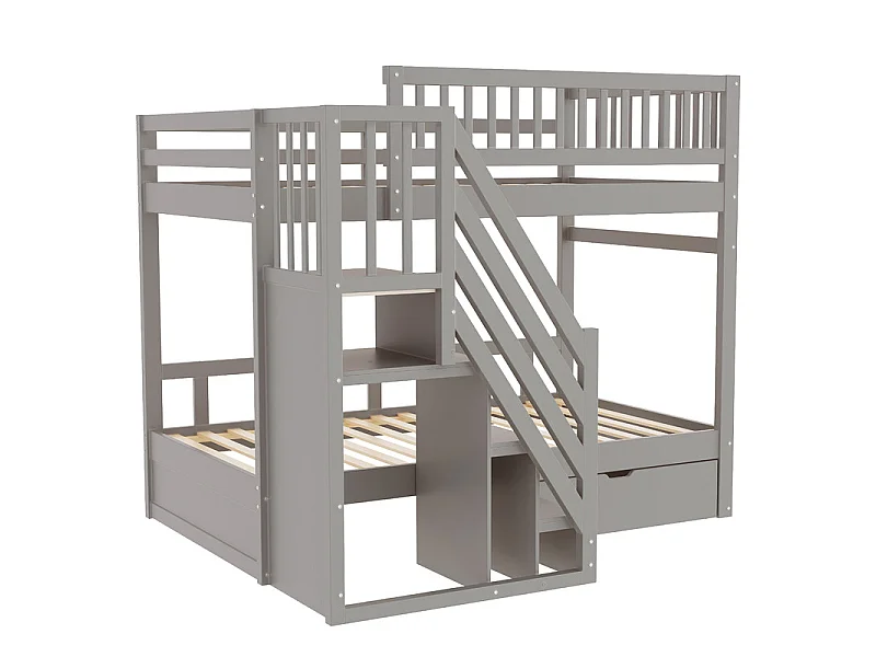 Literas 2x90x200cm - con escalera y cajón - Pino+Contrachapado+MDF - Gris