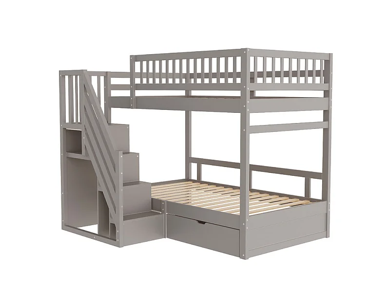 Literas 2x90x200cm - con escalera y cajón - Pino+Contrachapado+MDF - Gris