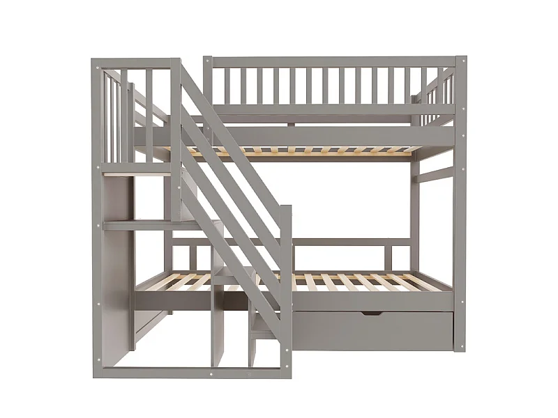 Literas 2x90x200cm - con escalera y cajón - Pino+Contrachapado+MDF - Gris