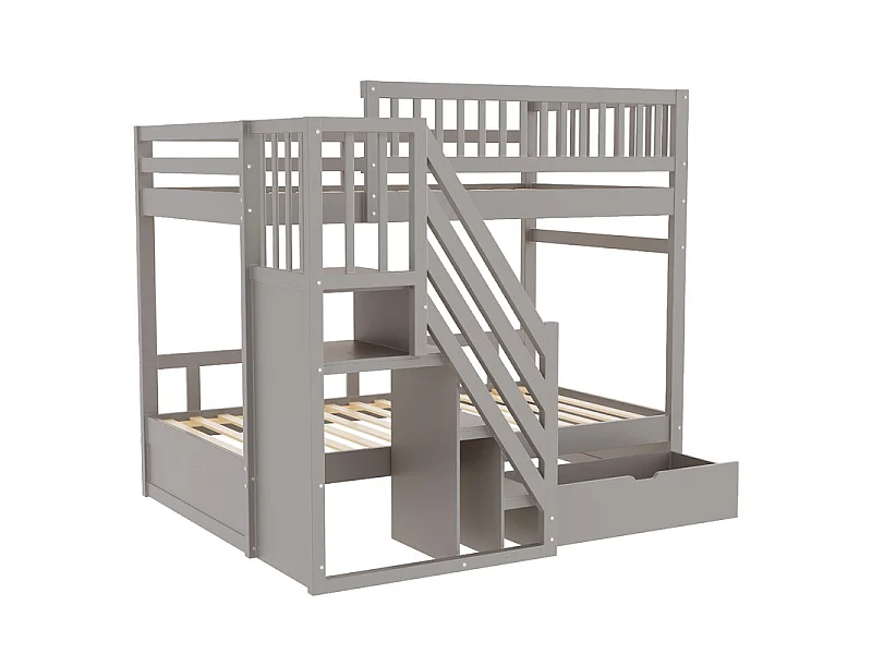 Literas 2x90x200cm - con escalera y cajón - Pino+Contrachapado+MDF - Gris