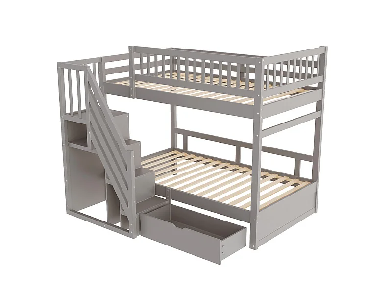 Literas 2x90x200cm - con escalera y cajón - Pino+Contrachapado+MDF - Gris