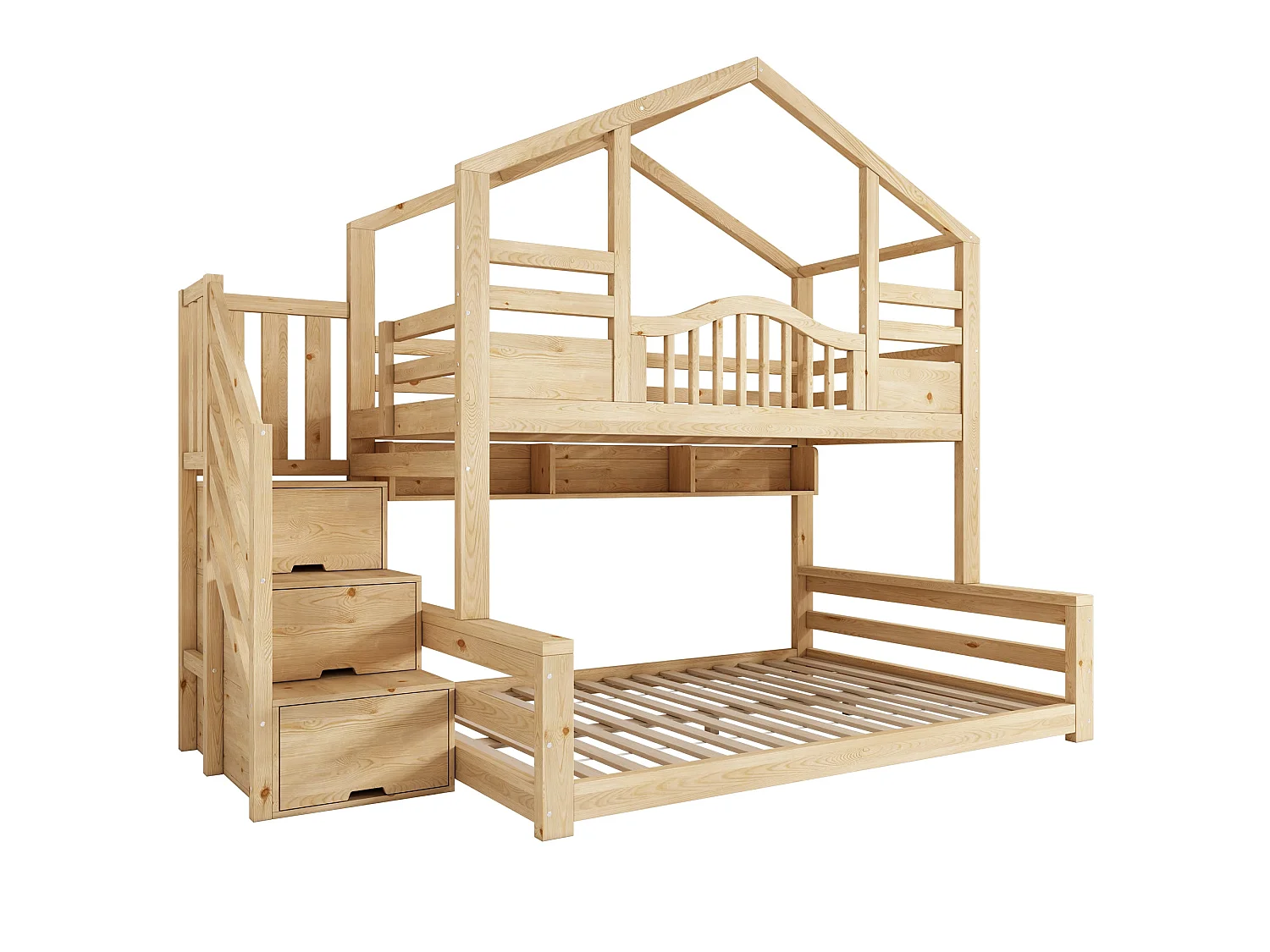 Lit superposé maison 90x200 cm / 140x200 cm, bois naturel, avec rangement escalier et étagères, sans matelas