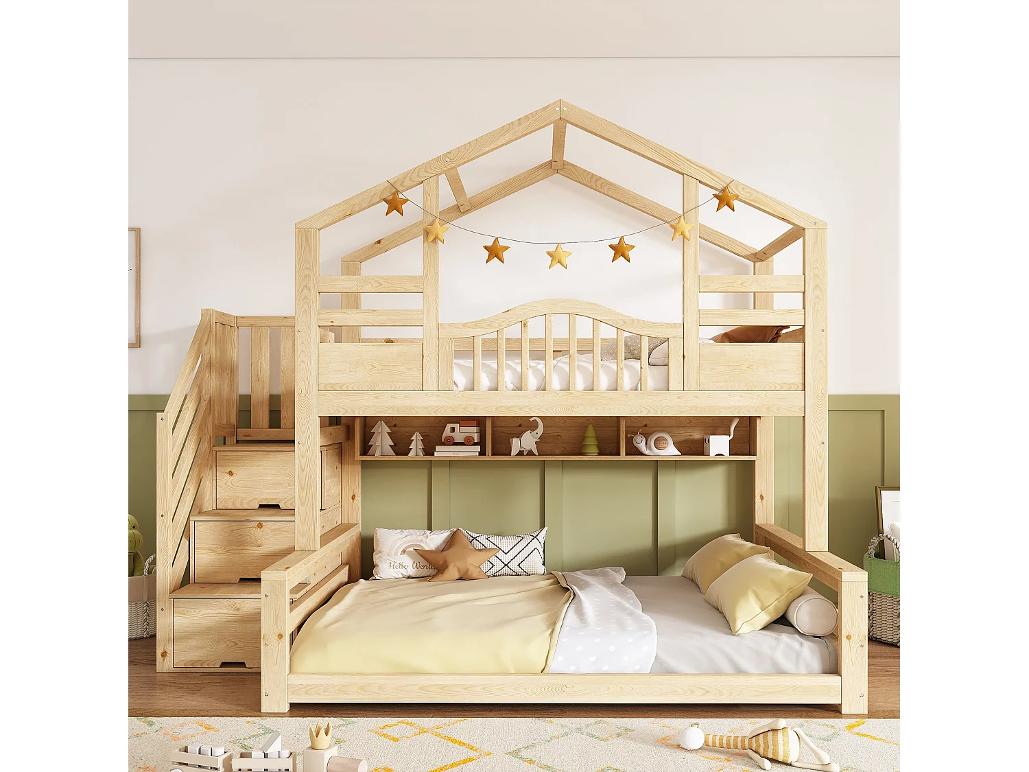 Lit superposé maison 90x200 cm / 140x200 cm, bois naturel, avec rangement escalier et étagères, sans matelas