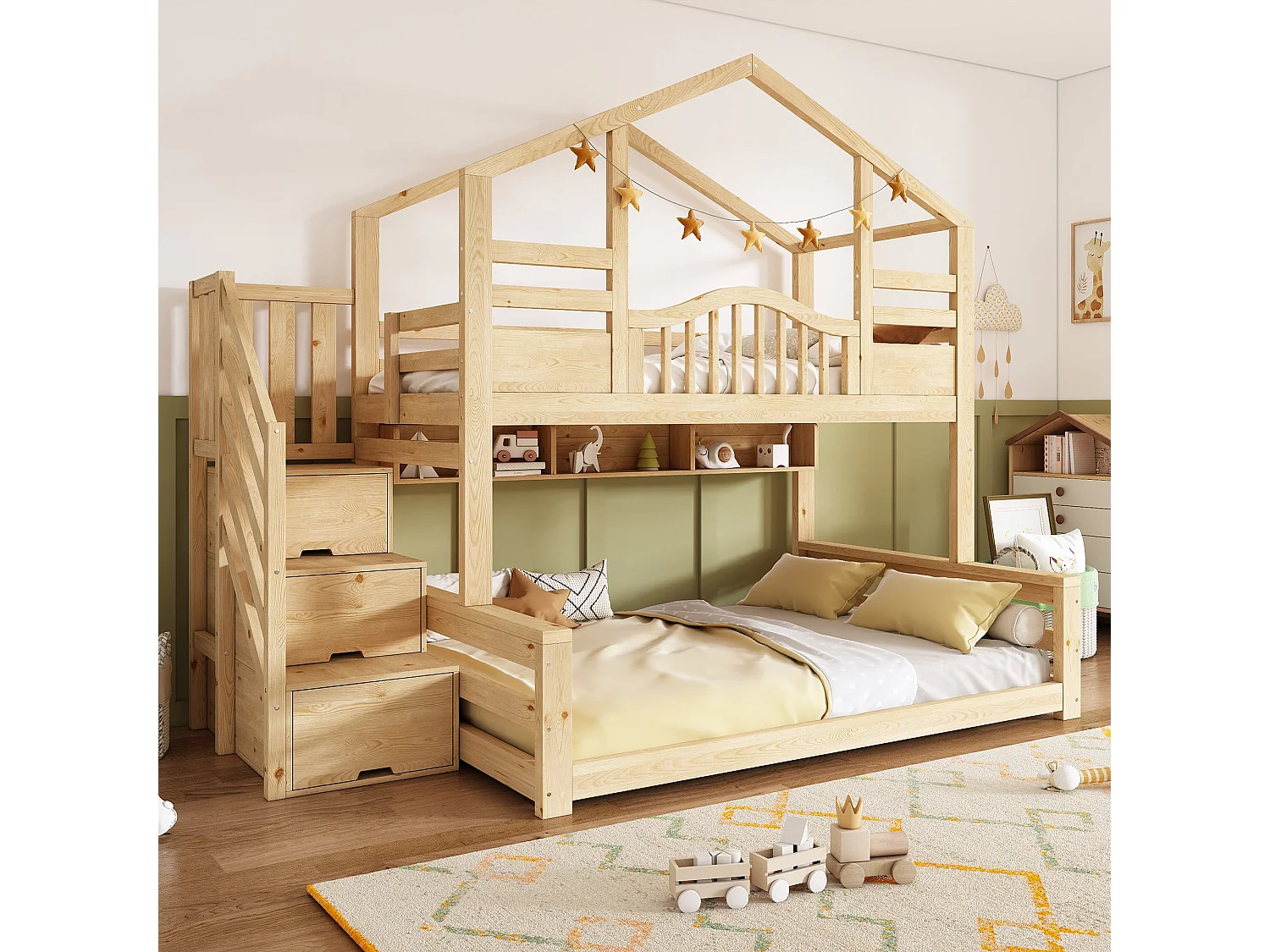 Lit superposé maison 90x200 cm / 140x200 cm, bois naturel, avec rangement escalier et étagères, sans matelas