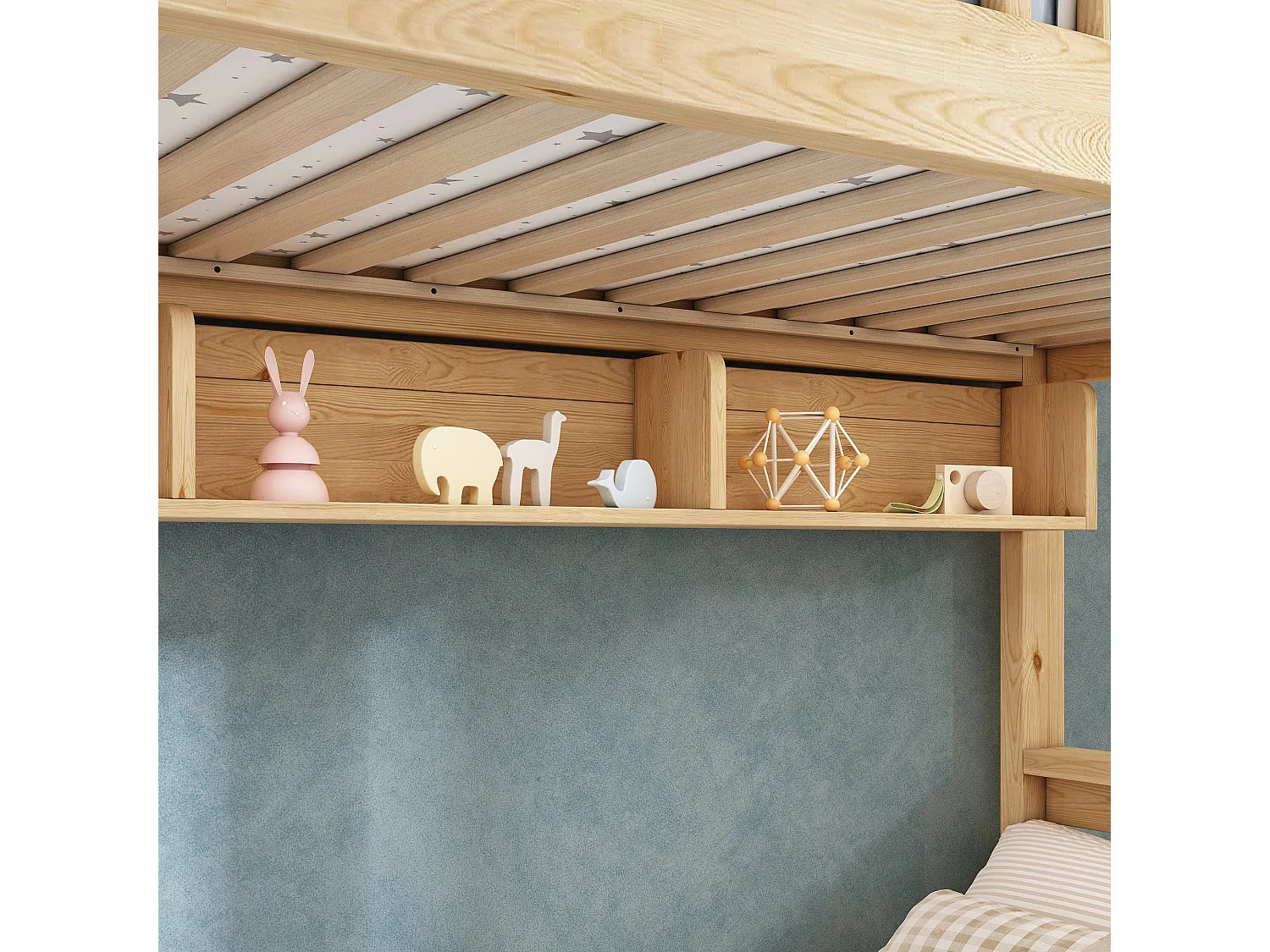 Lit superposé maison 90x200 cm / 140x200 cm, bois naturel, avec rangement escalier et étagères, sans matelas