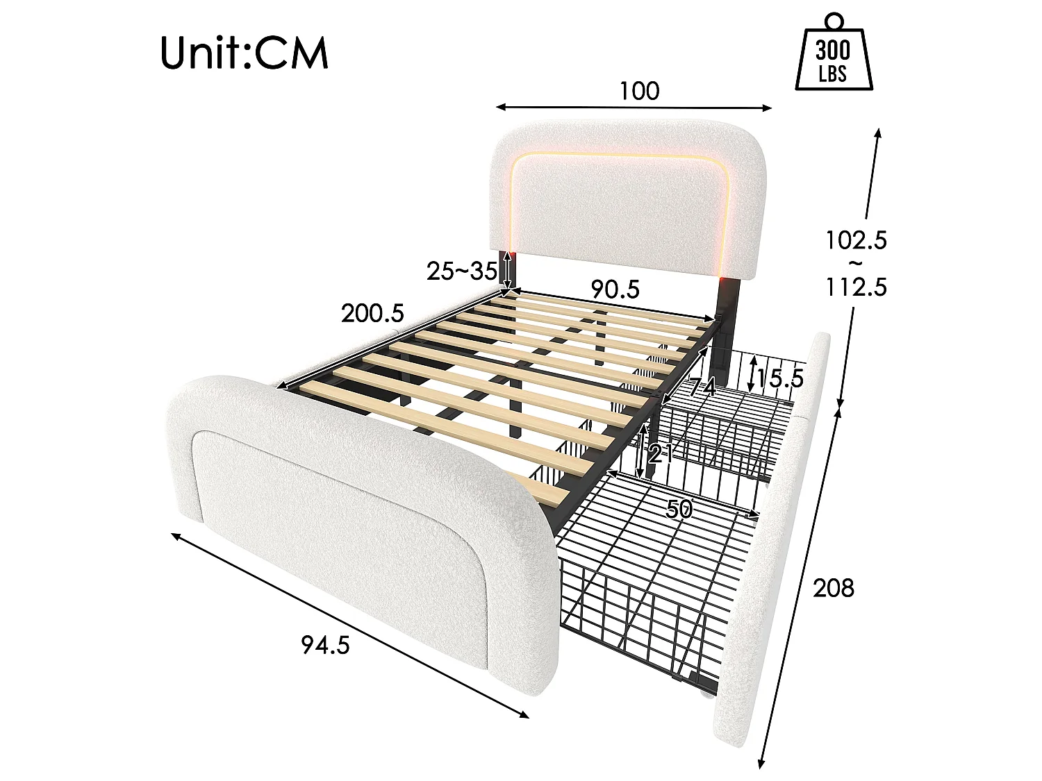 Lit simple capitonné 90x200 cm, sherpa blanc, avec LED, ports USB et Type-C, rangement à 2 tiroirs, sans matelas