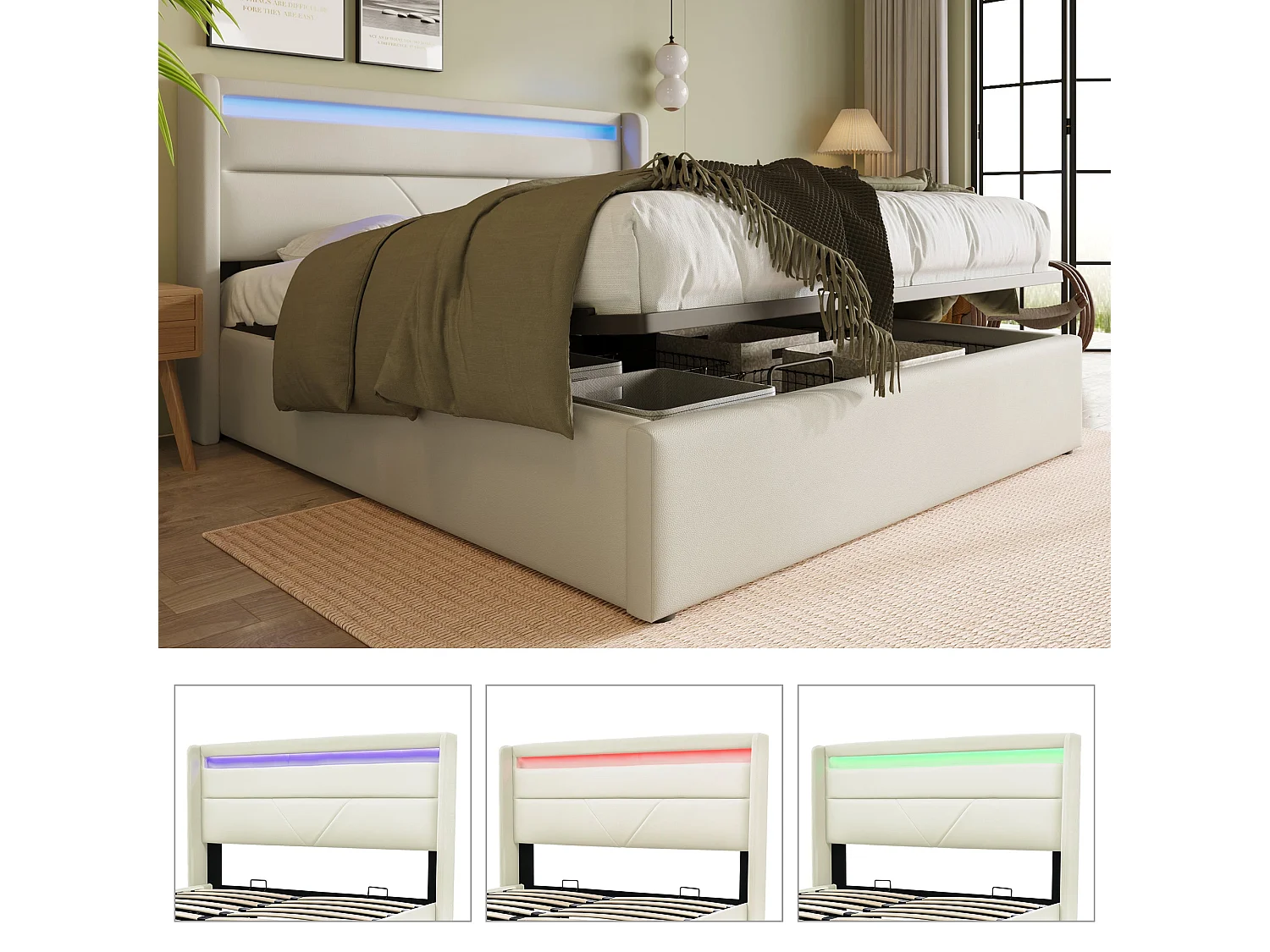 Lit double capitonné 140x200 cm, PU blanc, avec LED télécommandé et rangement hydraulique, sans matelas