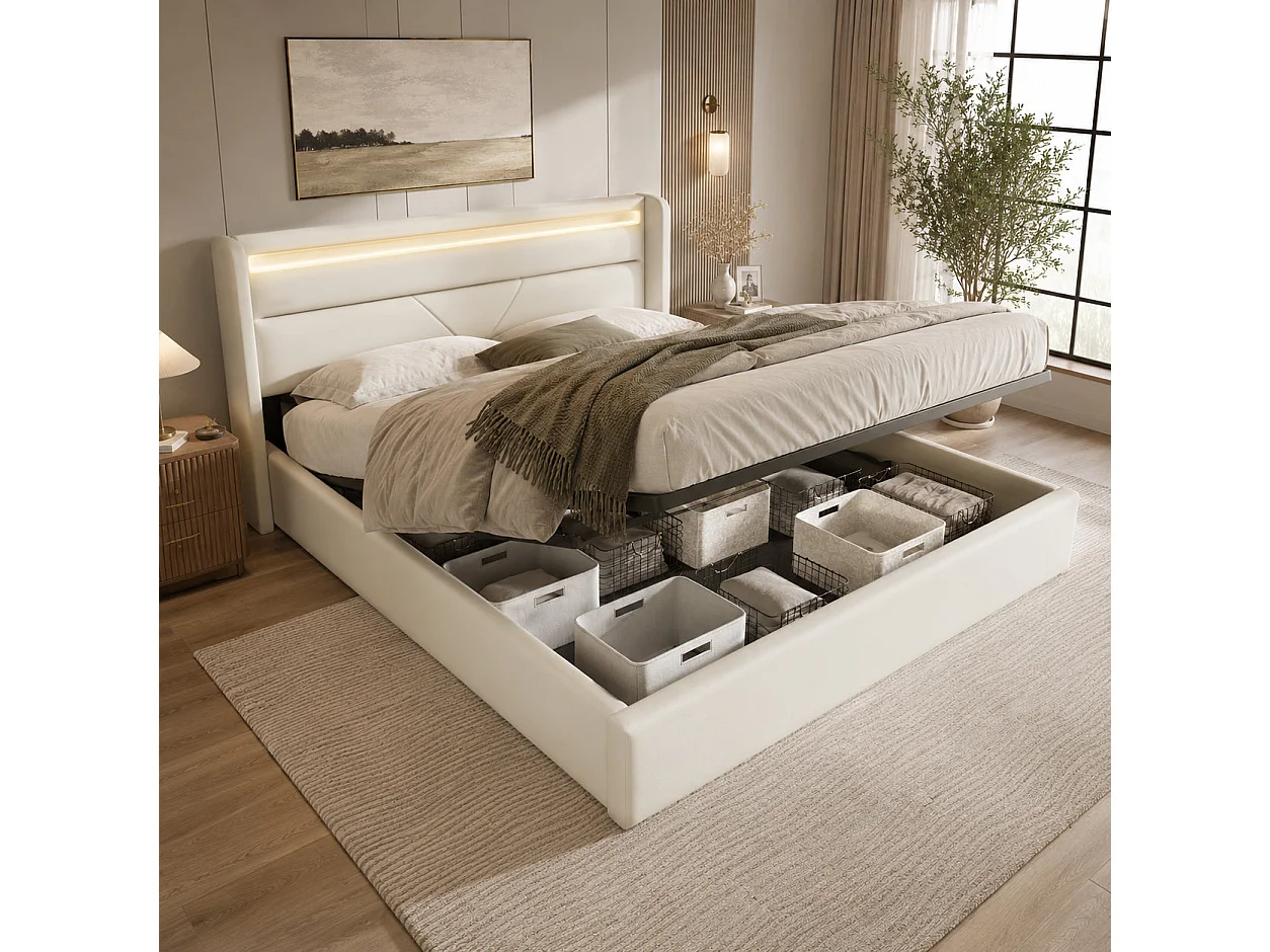 Lit double capitonné 140x200 cm, PU blanc, avec LED télécommandé et rangement hydraulique, sans matelas
