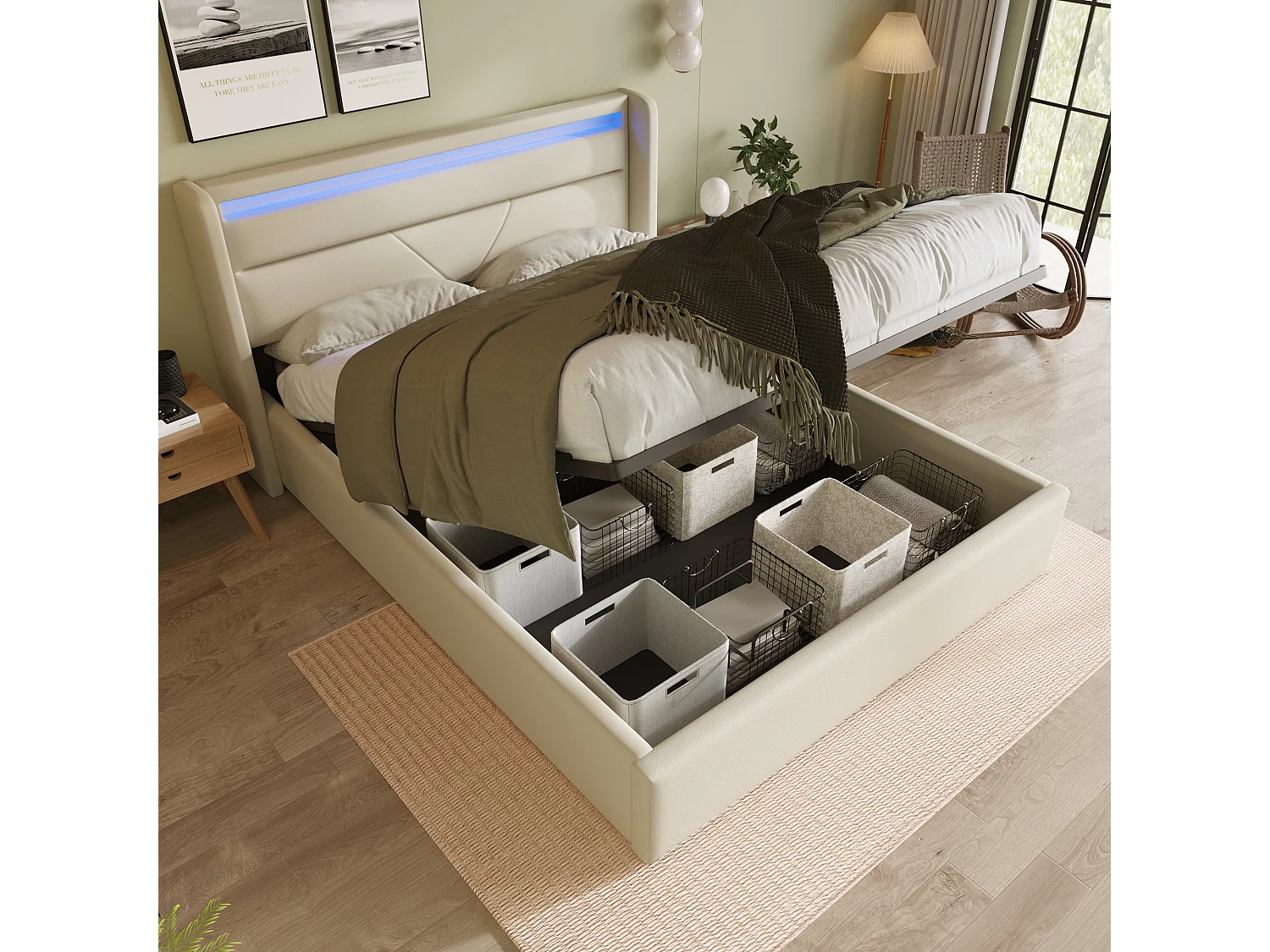 Lit double capitonné 140x200 cm, PU blanc, avec LED télécommandé et rangement hydraulique, sans matelas