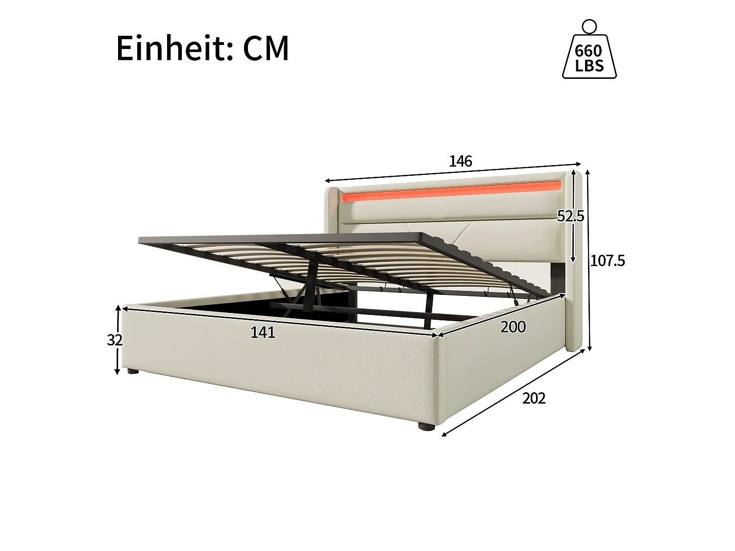 Lit double capitonné 140x200 cm, PU blanc, avec LED télécommandé et rangement hydraulique, sans matelas