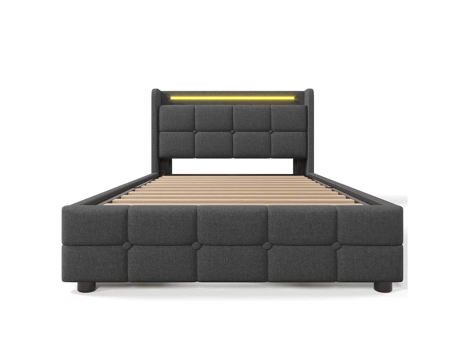 Lit simple 90x200 cm, gris, avec prises USB, LED télécommandé, 2 tiroirs de rangement, sans matelas