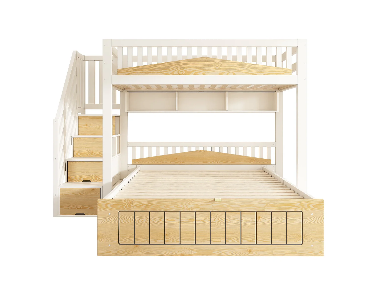 Lit superposé décalé 90x200 cm / 140x200 cm, blanc et bois, avec rangement hydraulique, ports USB et Type-C, sans matelas