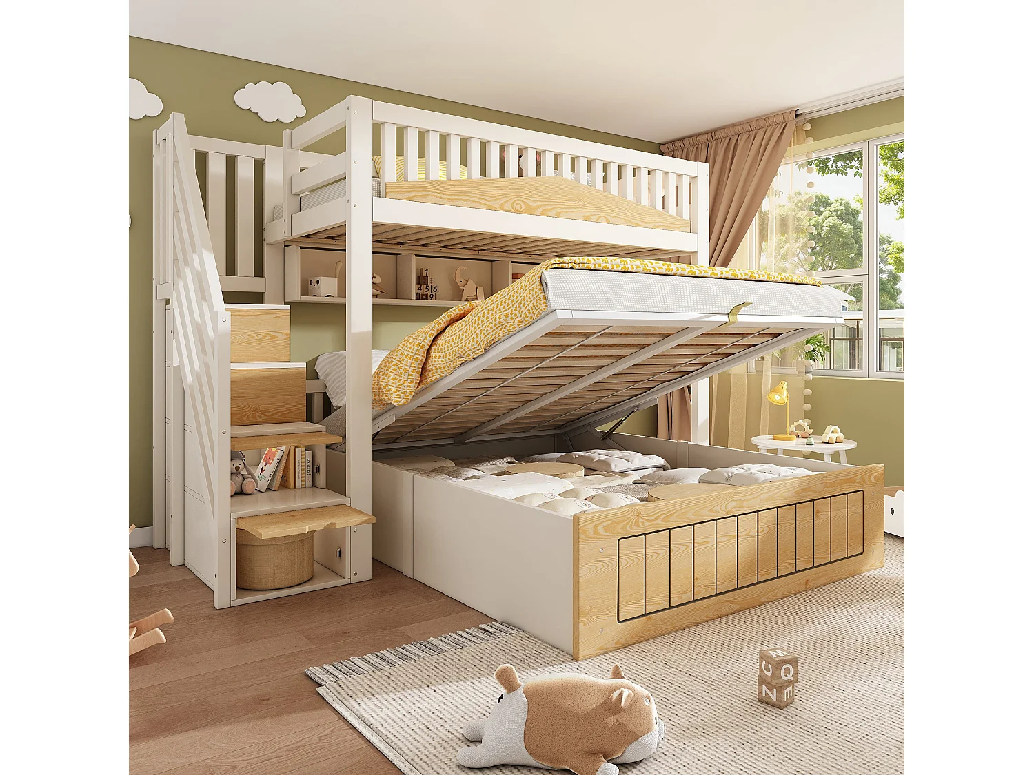 Lit superposé décalé 90x200 cm / 140x200 cm, blanc et bois, avec rangement hydraulique, ports USB et Type-C, sans matelas
