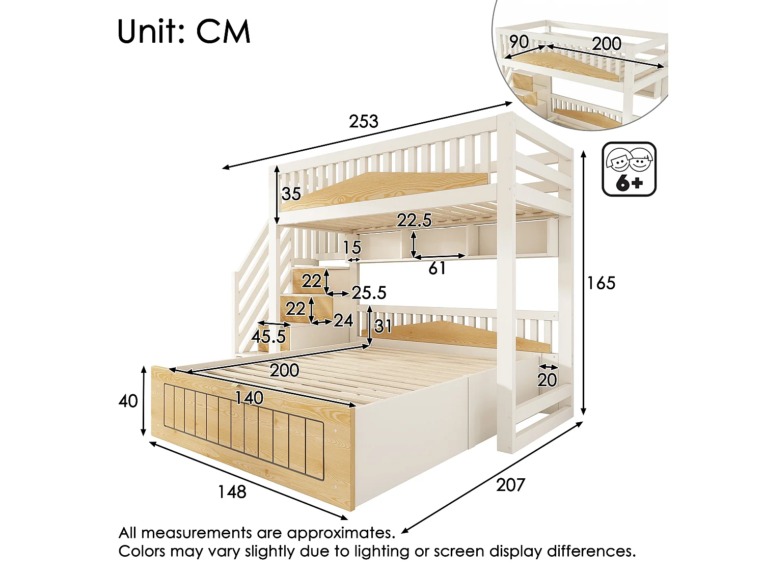 Lit superposé décalé 90x200 cm / 140x200 cm, blanc et bois, avec rangement hydraulique, ports USB et Type-C, sans matelas