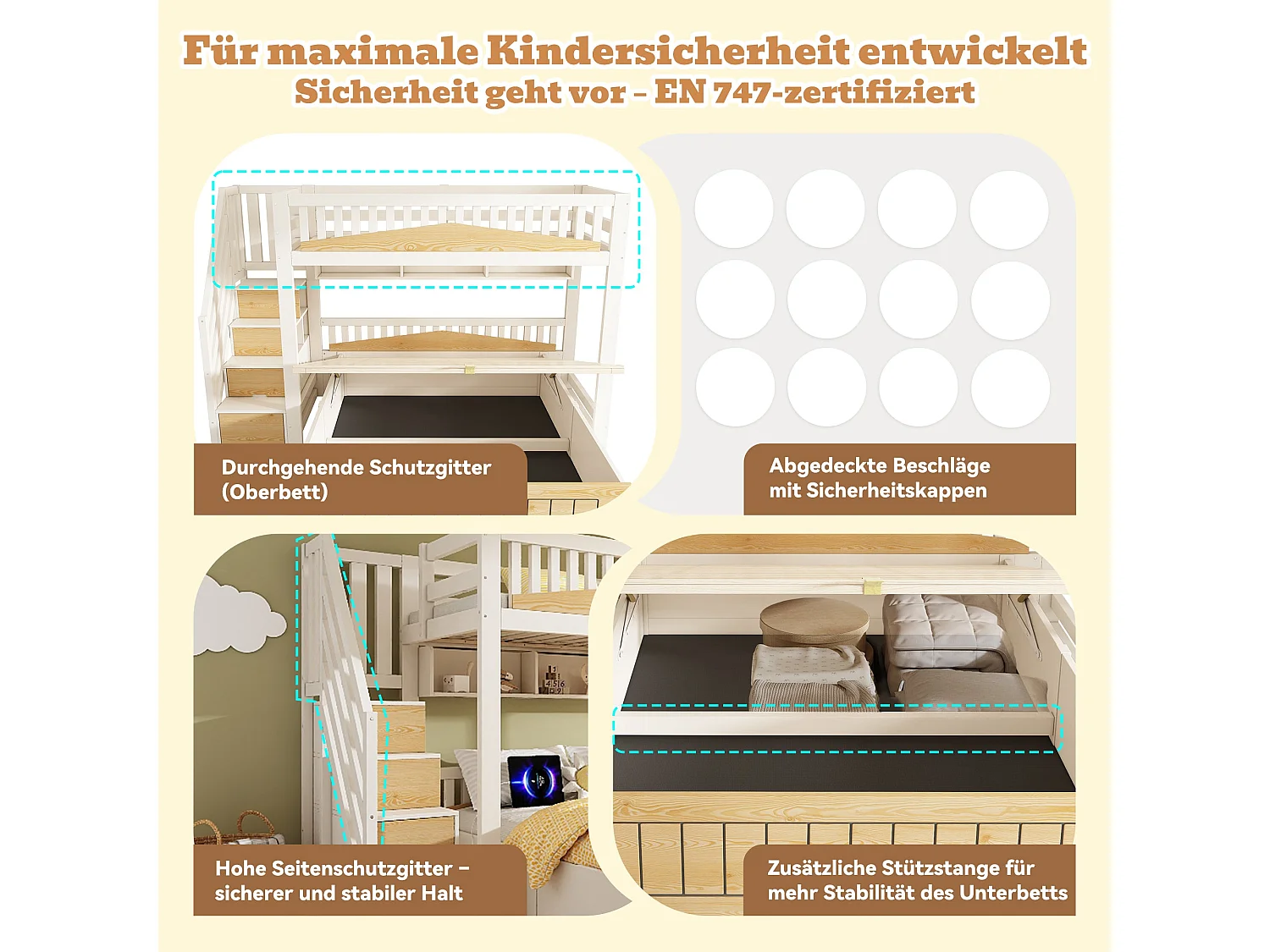 Lit superposé décalé 90x200 cm / 140x200 cm, blanc et bois, avec rangement hydraulique, ports USB et Type-C, sans matelas
