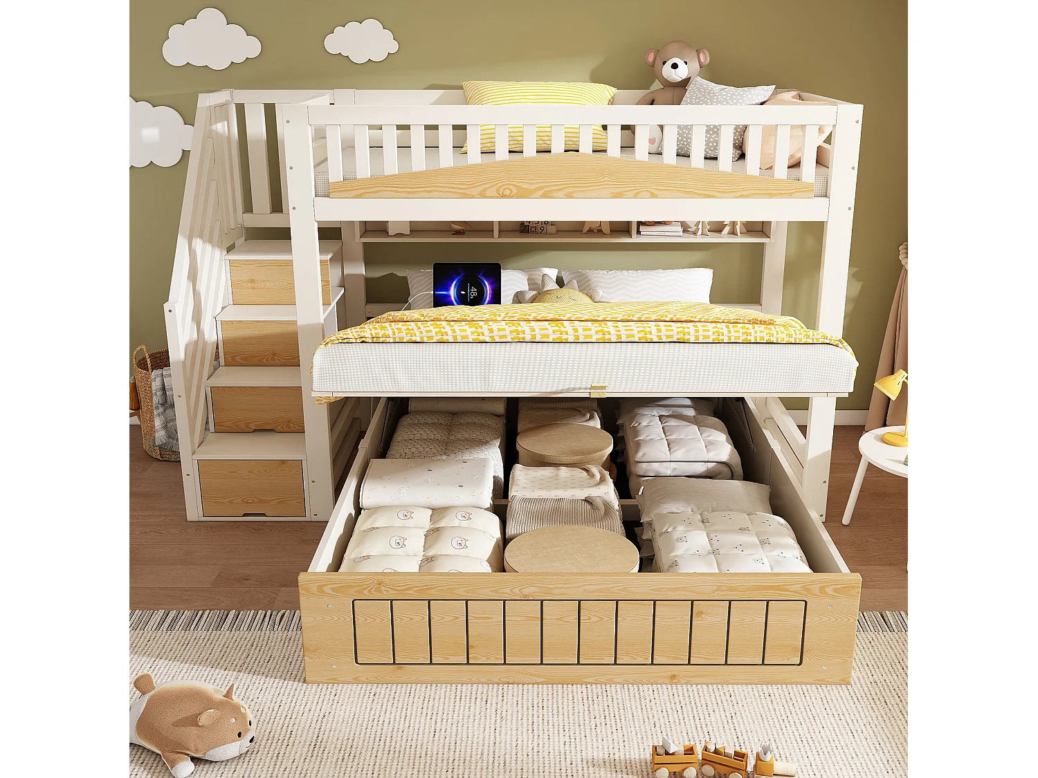 Lit superposé décalé 90x200 cm / 140x200 cm, blanc et bois, avec rangement hydraulique, ports USB et Type-C, sans matelas