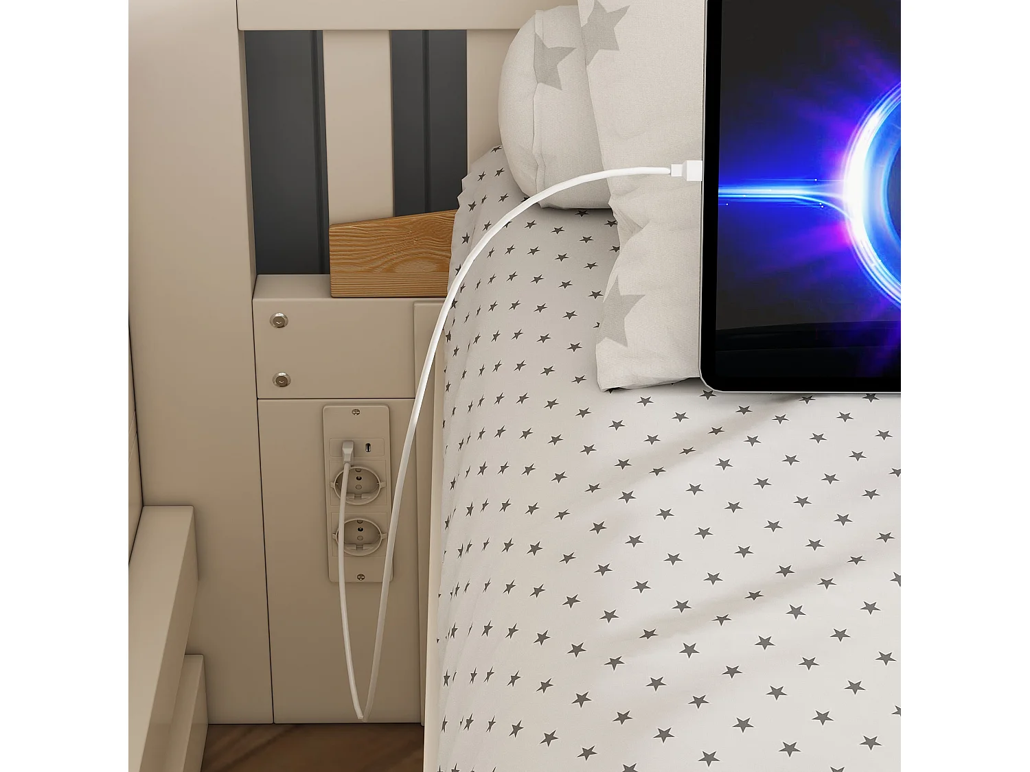 Lit superposé décalé 90x200 cm / 140x200 cm, blanc et bois, avec rangement hydraulique, ports USB et Type-C, sans matelas
