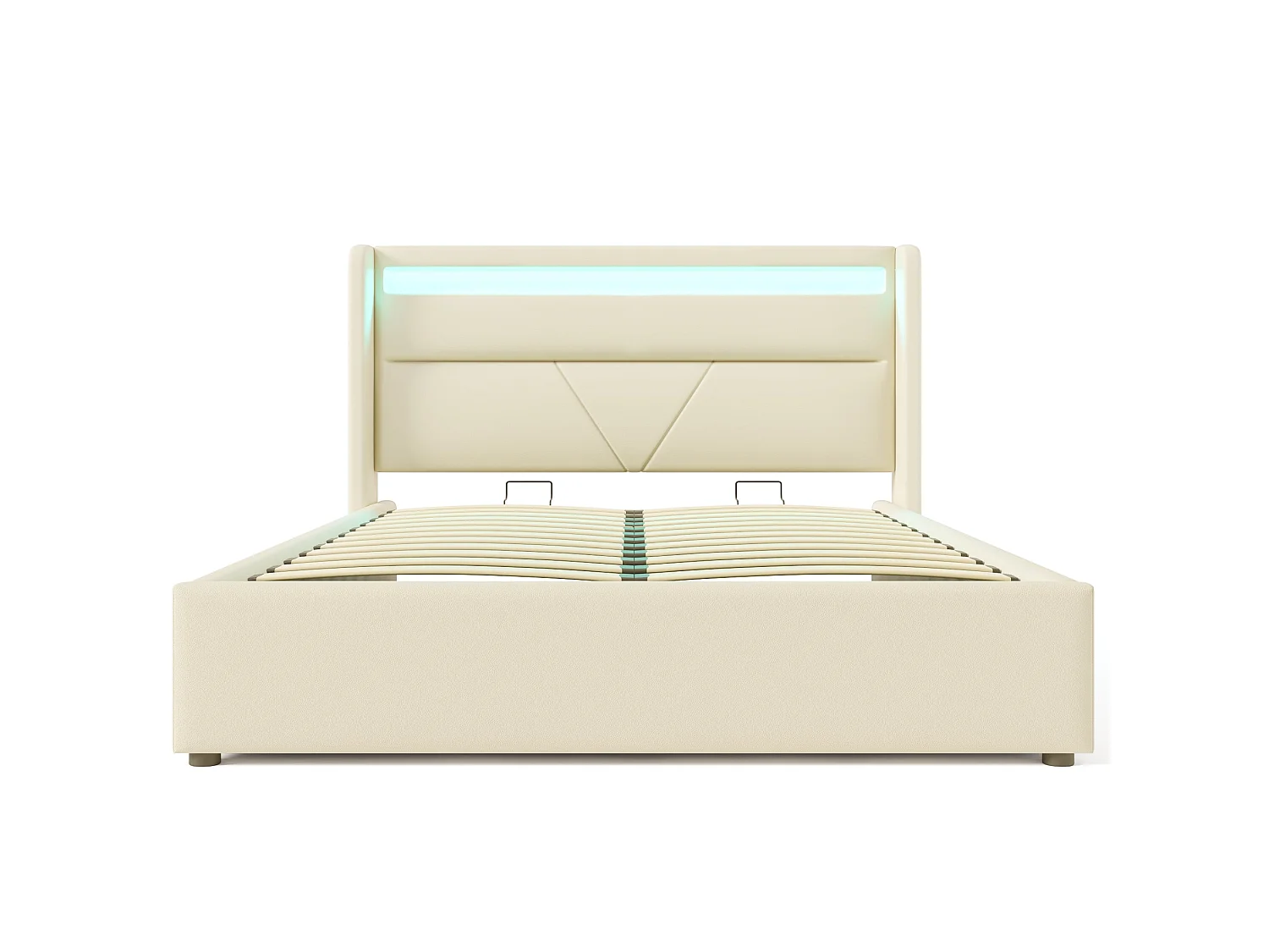 Lit double capitonné 160x200 cm, PU blanc, avec LED télécommandé et rangement hydraulique, sans matelas